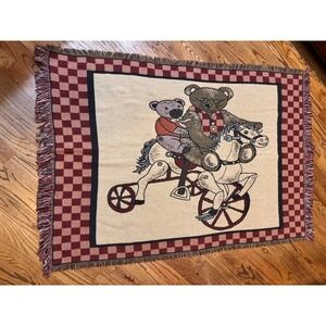 Vintage Goodwin Weavers Teddy Bear Rocking Horse Woven Throw Blanket Gingham